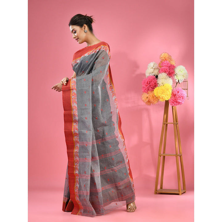 CHARUKRITI Grey Pure Cotton Tant Woven Design Saree without Blouse