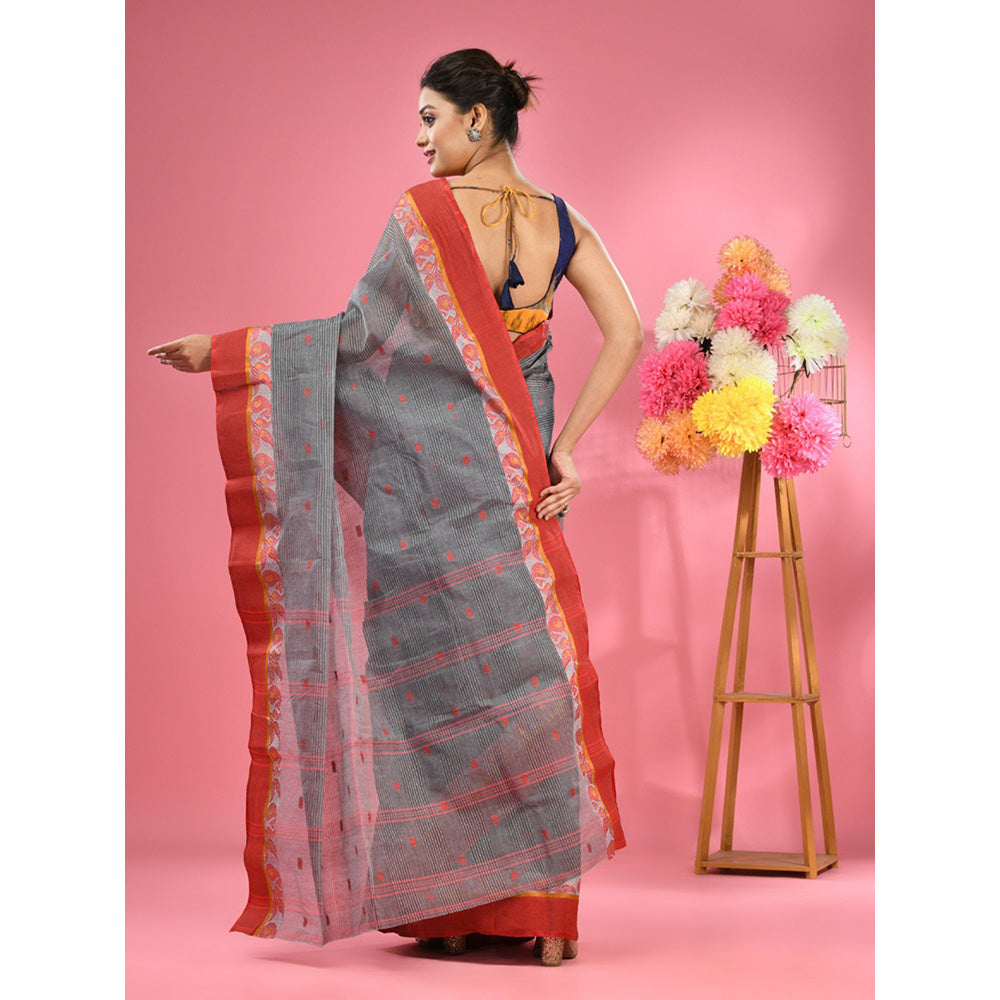 CHARUKRITI Grey Pure Cotton Tant Woven Design Saree without Blouse