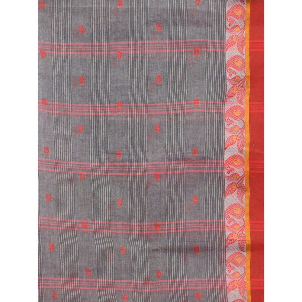 CHARUKRITI Grey Pure Cotton Tant Woven Design Saree without Blouse