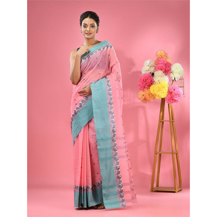 CHARUKRITI Salmon Pink Pure Cotton Tant Woven Design Saree without Blouse