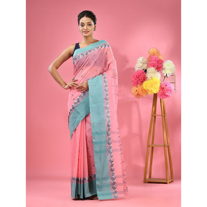 CHARUKRITI Salmon Pink Pure Cotton Tant Woven Design Saree without Blouse