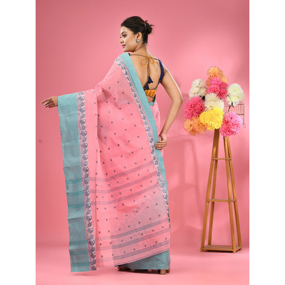 CHARUKRITI Salmon Pink Pure Cotton Tant Woven Design Saree without Blouse