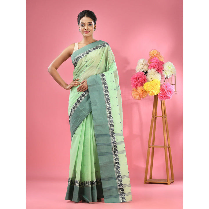 CHARUKRITI Lime Green Pure Cotton Tant Woven Design Saree without Blouse