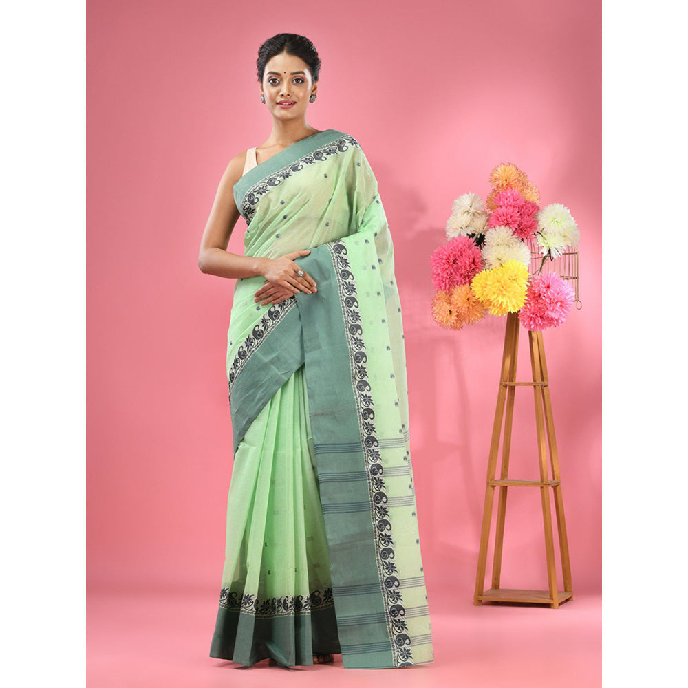 CHARUKRITI Lime Green Pure Cotton Tant Woven Design Saree without Blouse