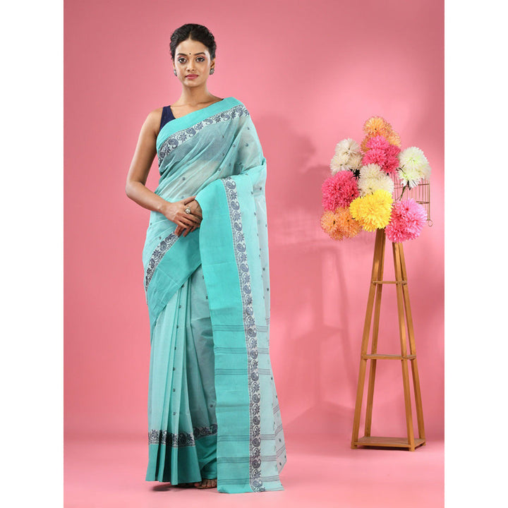 CHARUKRITI Sea Turquoise Pure Cotton Tant Woven Design Saree without Blouse