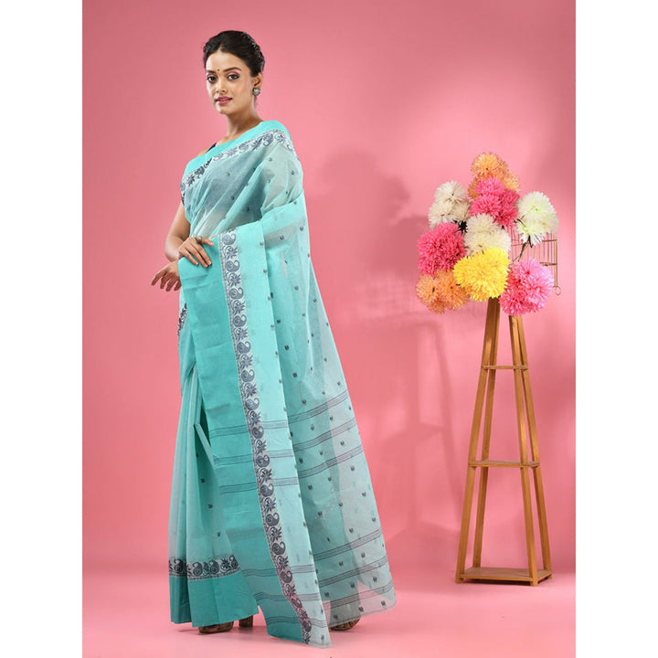 CHARUKRITI Sea Turquoise Pure Cotton Tant Woven Design Saree without Blouse