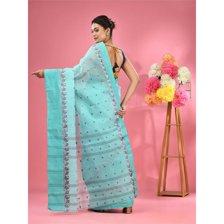 CHARUKRITI Sea Turquoise Pure Cotton Tant Woven Design Saree without Blouse