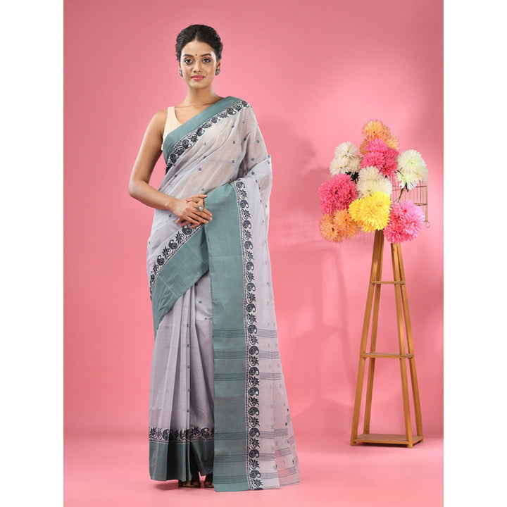 CHARUKRITI Light Grey Pure Cotton Tant Woven Design Saree without Blouse