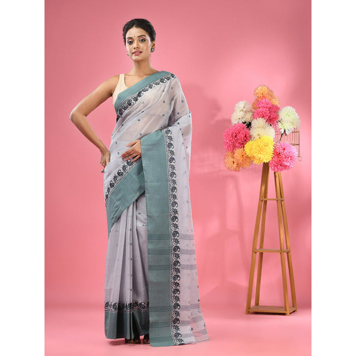 CHARUKRITI Light Grey Pure Cotton Tant Woven Design Saree without Blouse