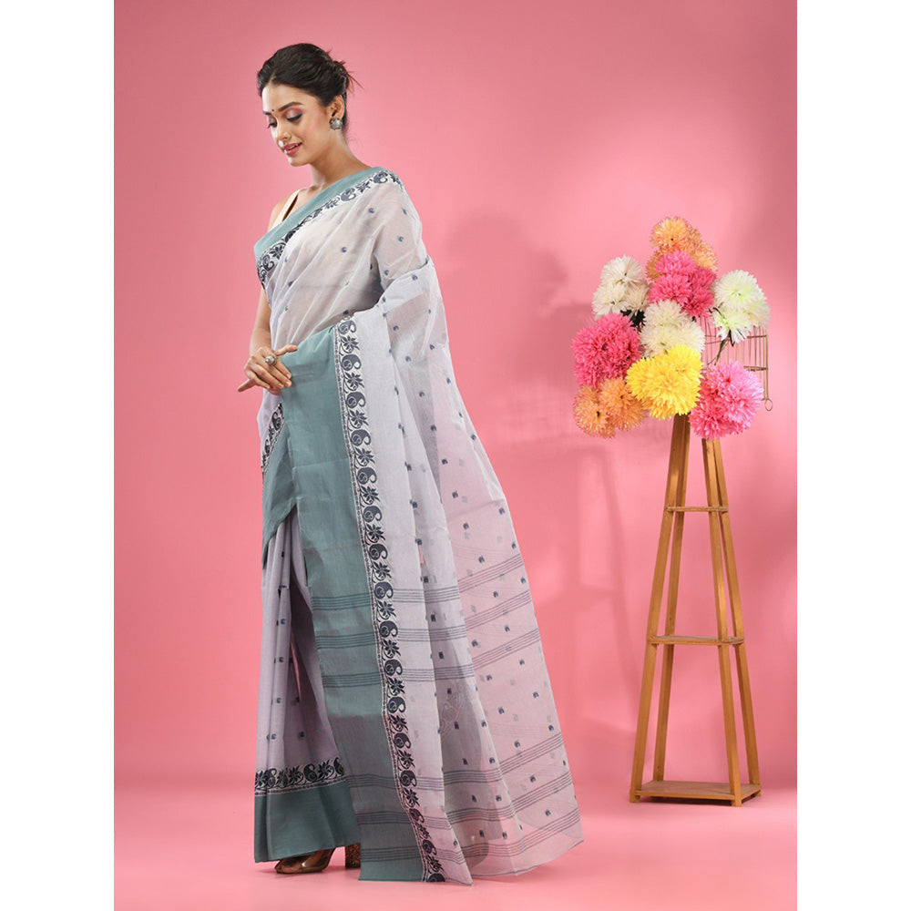 CHARUKRITI Light Grey Pure Cotton Tant Woven Design Saree without Blouse