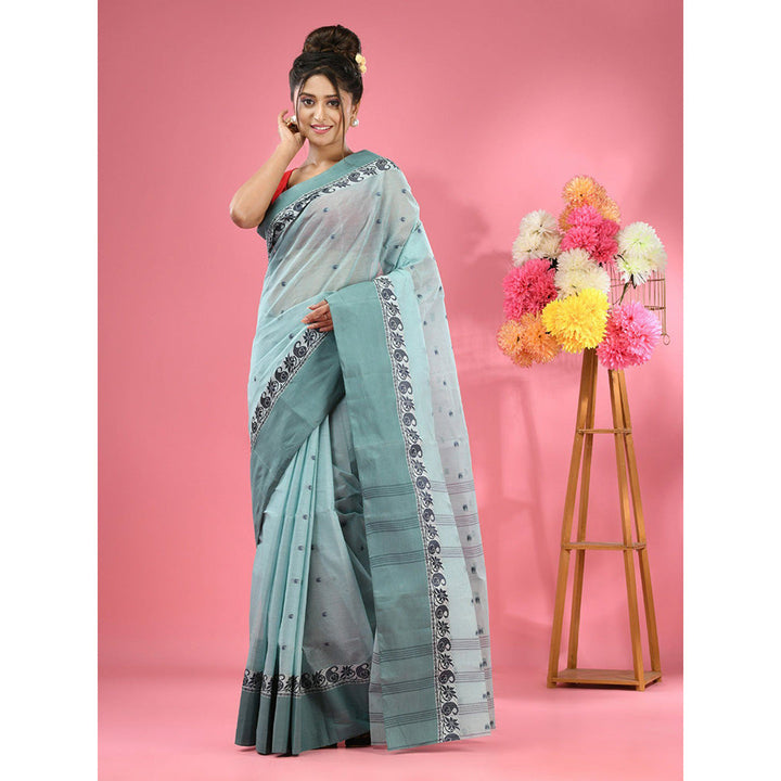 CHARUKRITI Mint Green Pure Cotton Tant Woven Design Saree without Blouse