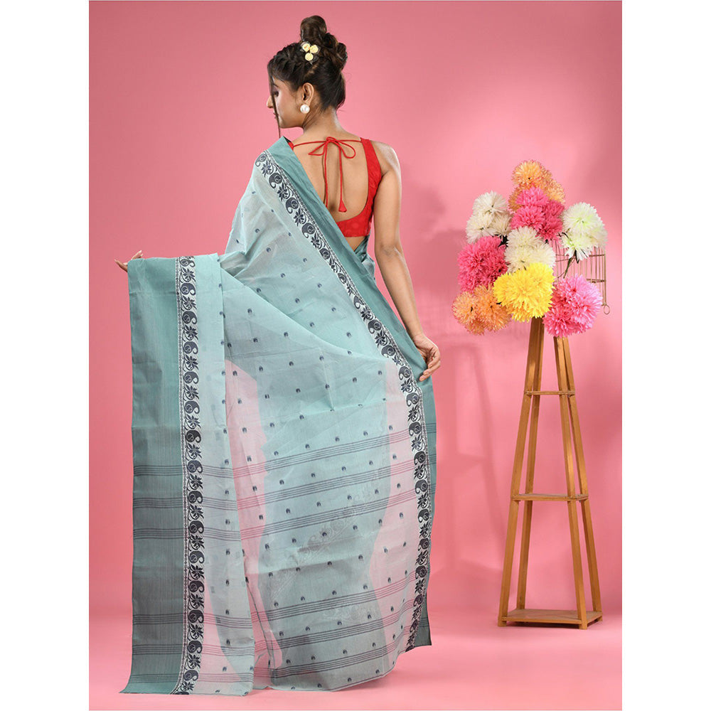 CHARUKRITI Mint Green Pure Cotton Tant Woven Design Saree without Blouse