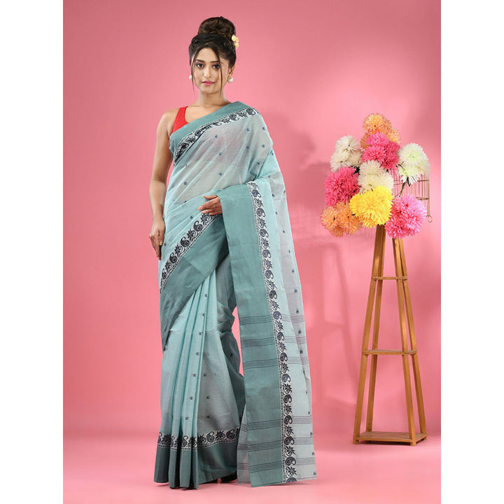 CHARUKRITI Mint Green Pure Cotton Tant Woven Design Saree without Blouse