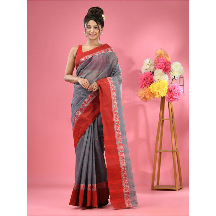 CHARUKRITI Dark Grey Pure Cotton Tant Woven Design Saree without Blouse