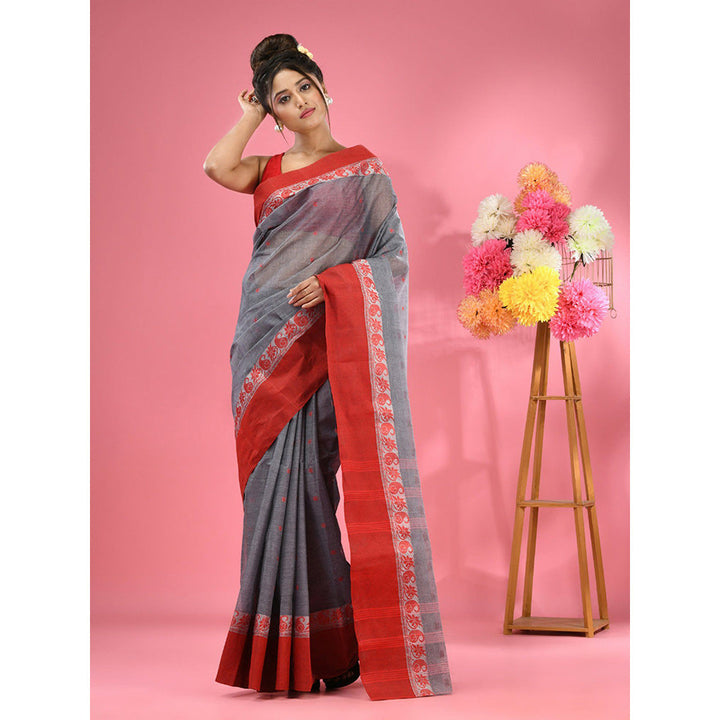 CHARUKRITI Dark Grey Pure Cotton Tant Woven Design Saree without Blouse