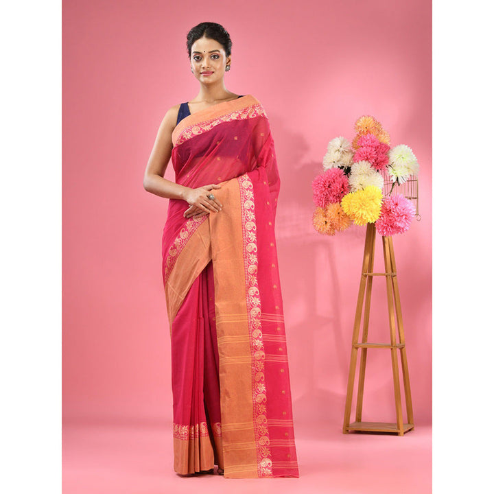 CHARUKRITI Hot Pink Pure Cotton Tant Woven Design Saree without Blouse