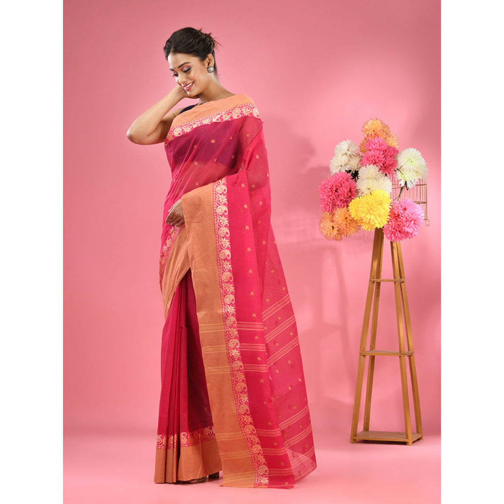 CHARUKRITI Hot Pink Pure Cotton Tant Woven Design Saree without Blouse