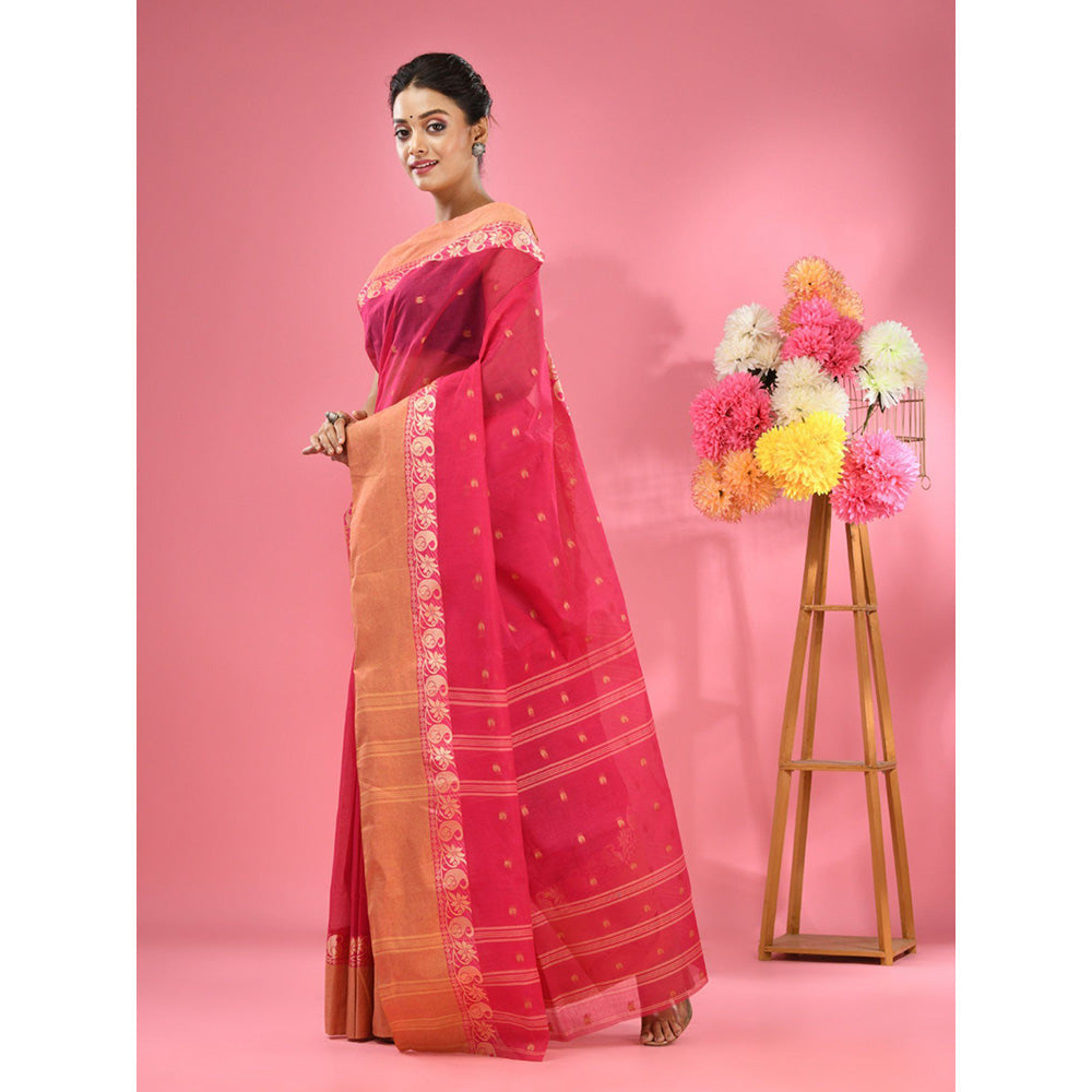 CHARUKRITI Hot Pink Pure Cotton Tant Woven Design Saree without Blouse