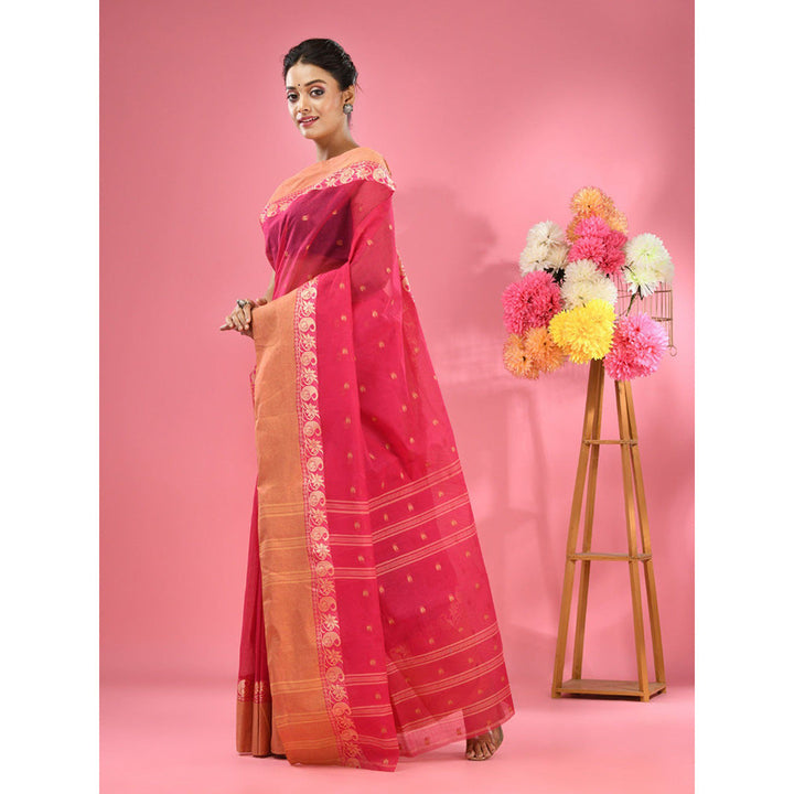 CHARUKRITI Hot Pink Pure Cotton Tant Woven Design Saree without Blouse