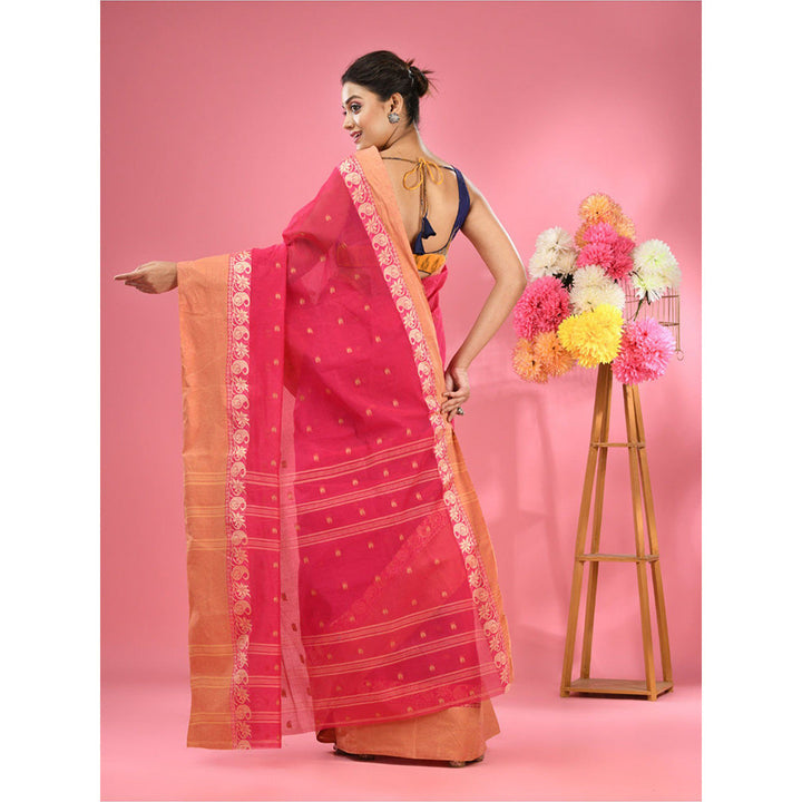 CHARUKRITI Hot Pink Pure Cotton Tant Woven Design Saree without Blouse