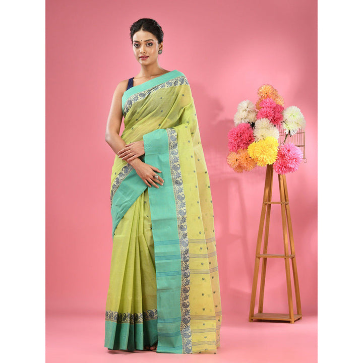 CHARUKRITI Lemon Yellow Pure Cotton Tant Woven Design Saree without Blouse