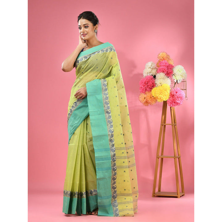 CHARUKRITI Lemon Yellow Pure Cotton Tant Woven Design Saree without Blouse