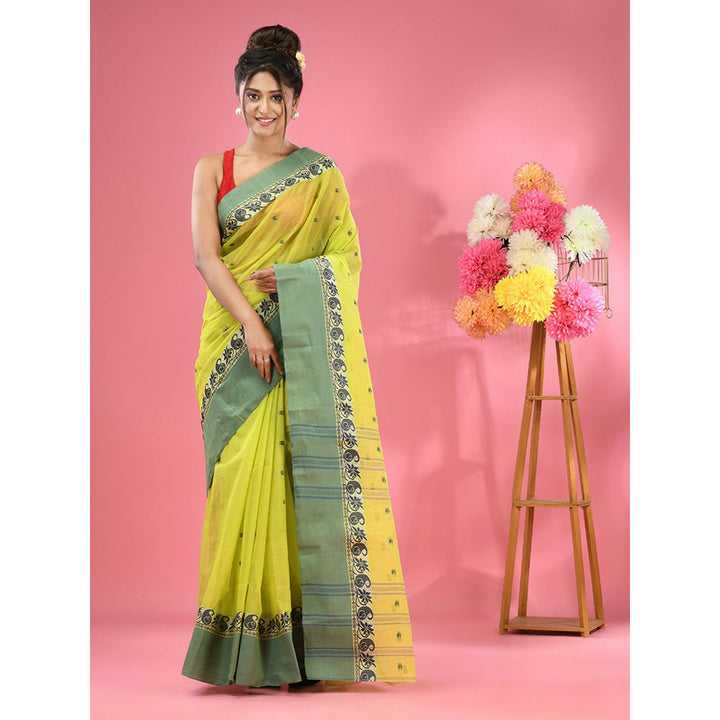 CHARUKRITI Lime Green Pure Cotton Tant Woven Design Saree without Blouse