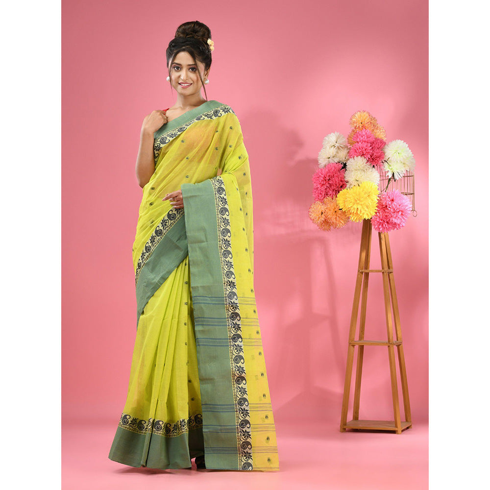 CHARUKRITI Lime Green Pure Cotton Tant Woven Design Saree without Blouse