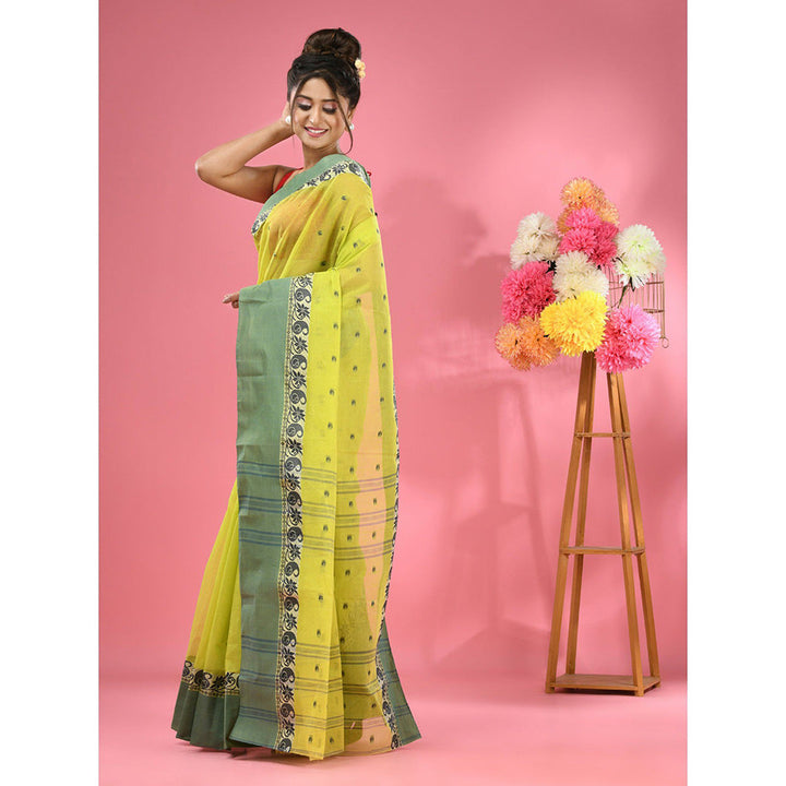 CHARUKRITI Lime Green Pure Cotton Tant Woven Design Saree without Blouse