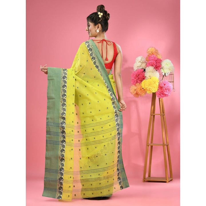 CHARUKRITI Lime Green Pure Cotton Tant Woven Design Saree without Blouse