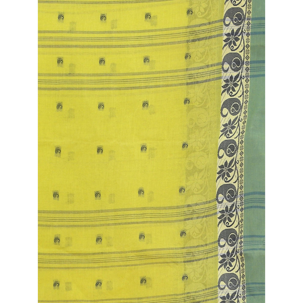 CHARUKRITI Lime Green Pure Cotton Tant Woven Design Saree without Blouse