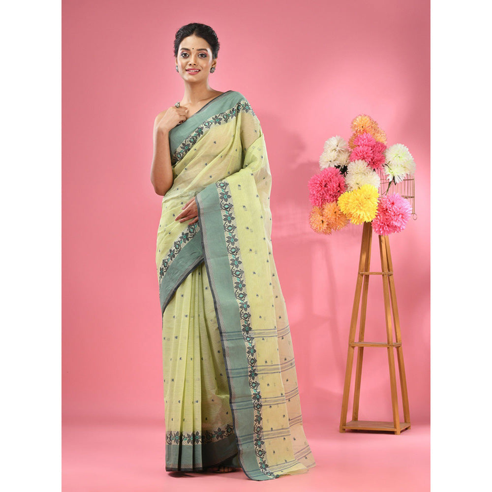 CHARUKRITI Green Pure Cotton Tant Woven Design Saree without Blouse