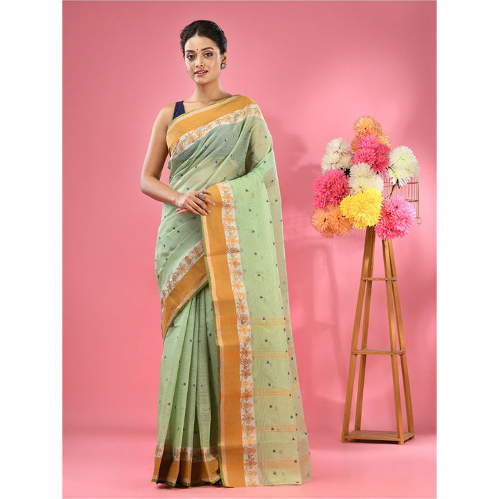 CHARUKRITI Pistachio Green Pure Cotton Tant Woven Design Saree without Blouse