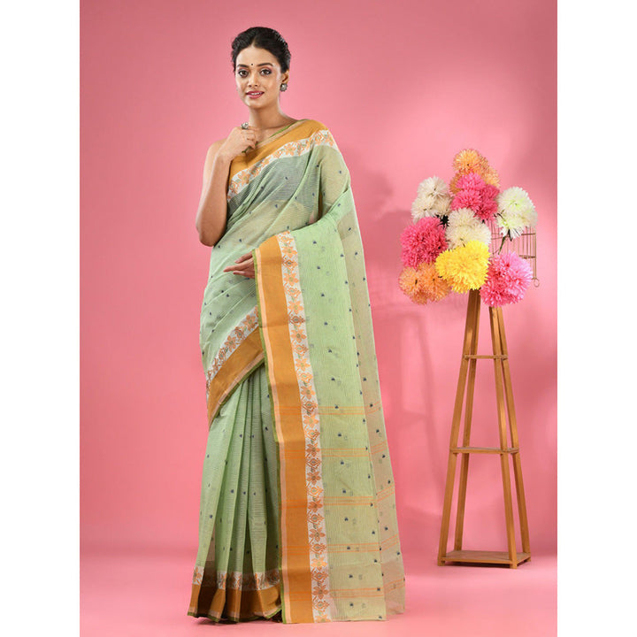 CHARUKRITI Pistachio Green Pure Cotton Tant Woven Design Saree without Blouse