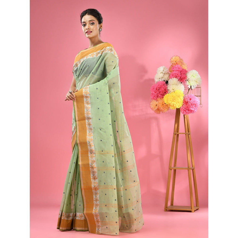 CHARUKRITI Pistachio Green Pure Cotton Tant Woven Design Saree without Blouse