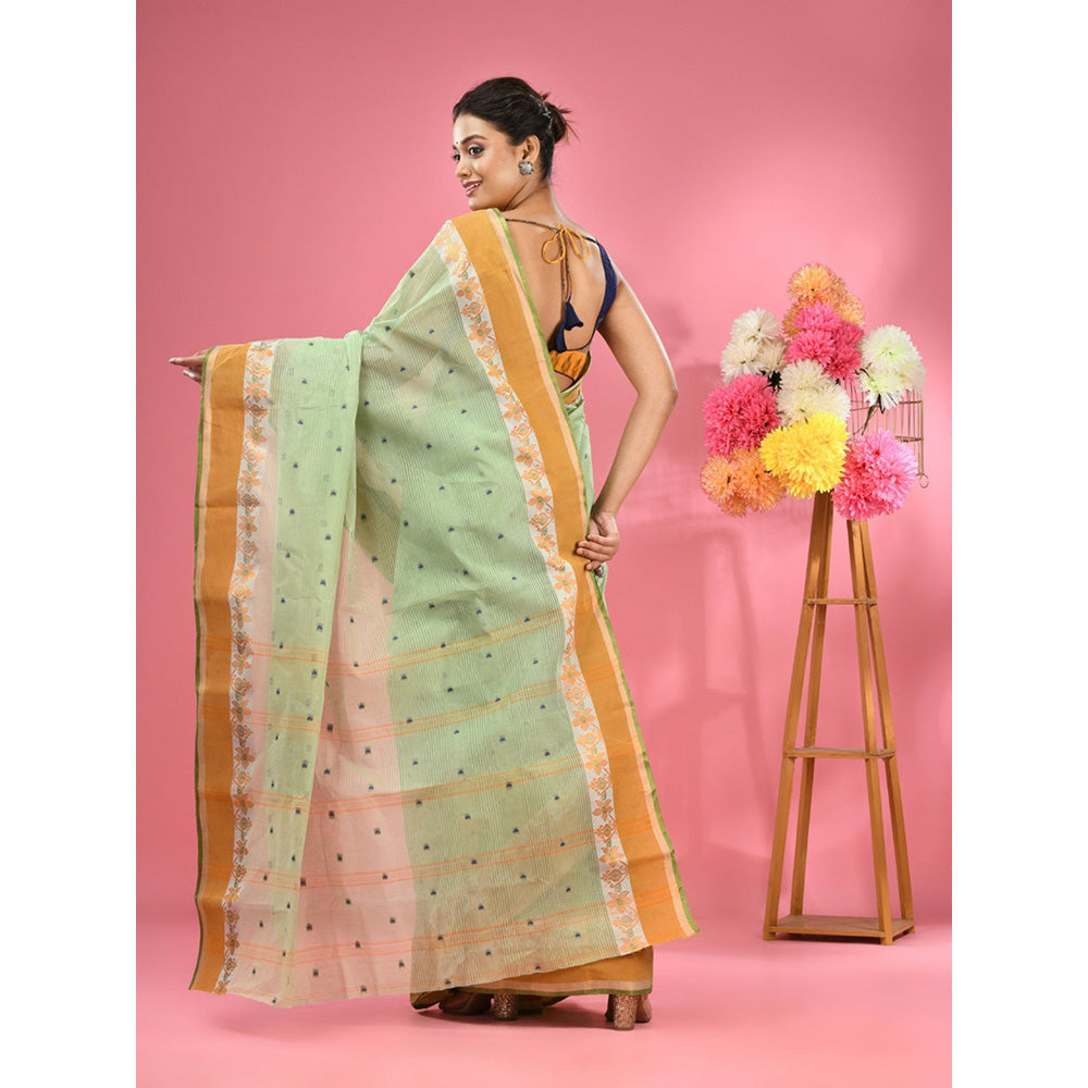 CHARUKRITI Pistachio Green Pure Cotton Tant Woven Design Saree without Blouse