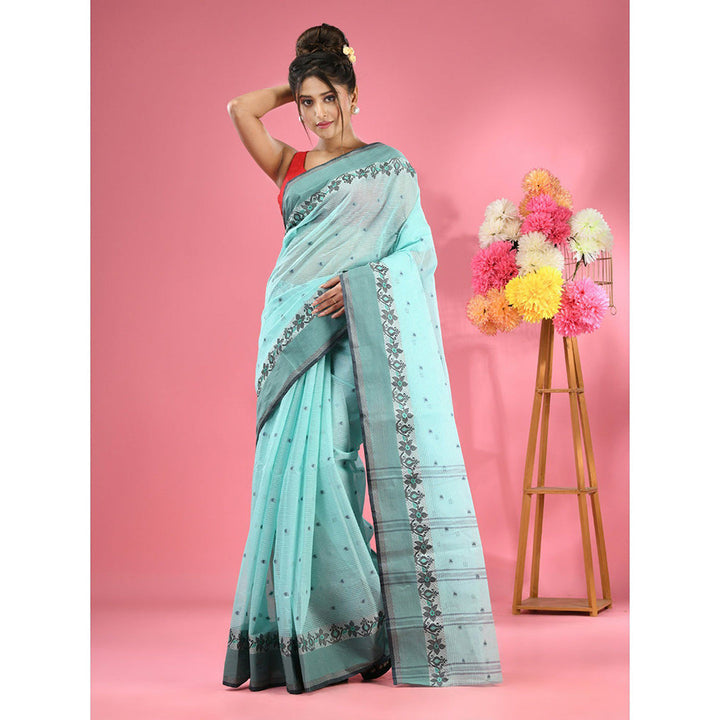 CHARUKRITI Turquoise Pure Cotton Tant Woven Design Saree without Blouse