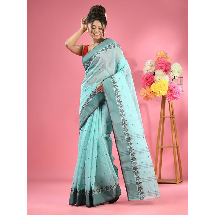 CHARUKRITI Turquoise Pure Cotton Tant Woven Design Saree without Blouse