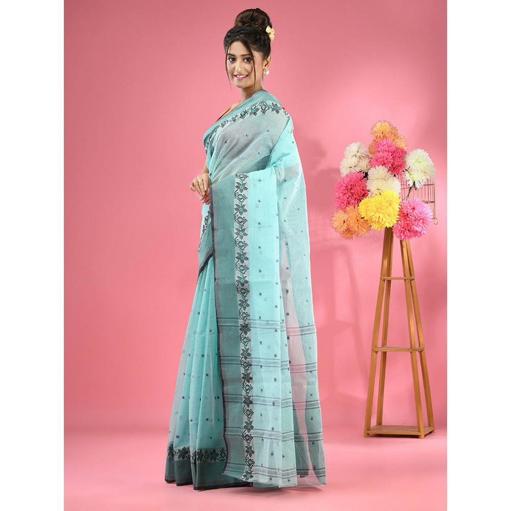 CHARUKRITI Turquoise Pure Cotton Tant Woven Design Saree without Blouse