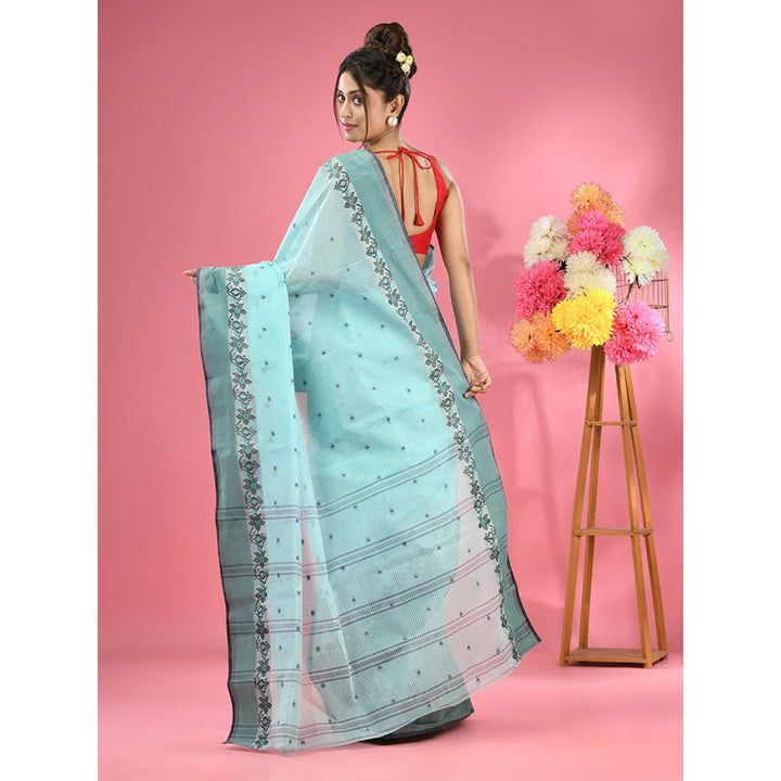 CHARUKRITI Turquoise Pure Cotton Tant Woven Design Saree without Blouse