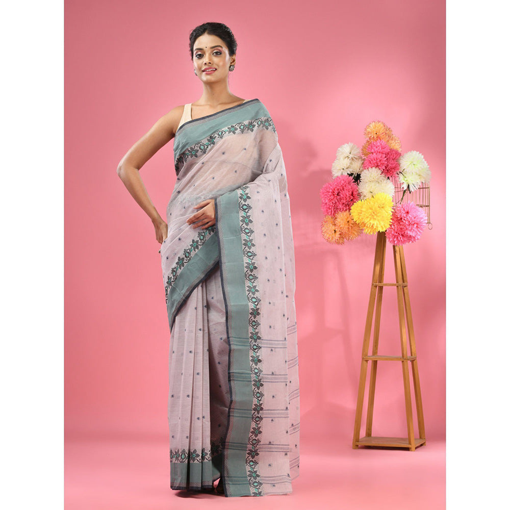 CHARUKRITI Seashell Off White Pure Cotton Tant Woven Design Saree without Blouse