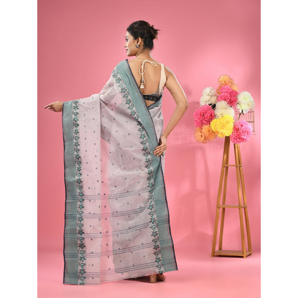 CHARUKRITI Seashell Off White Pure Cotton Tant Woven Design Saree without Blouse