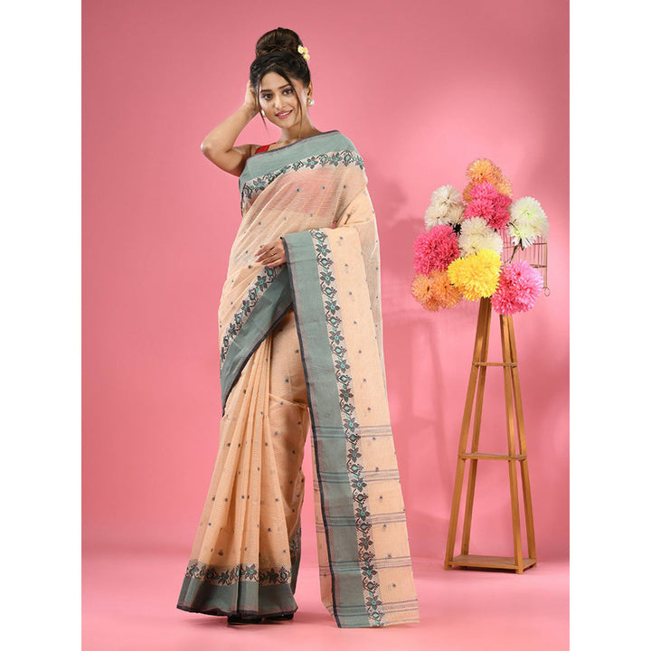 CHARUKRITI Cream Pure Cotton Tant Woven Design Saree without Blouse