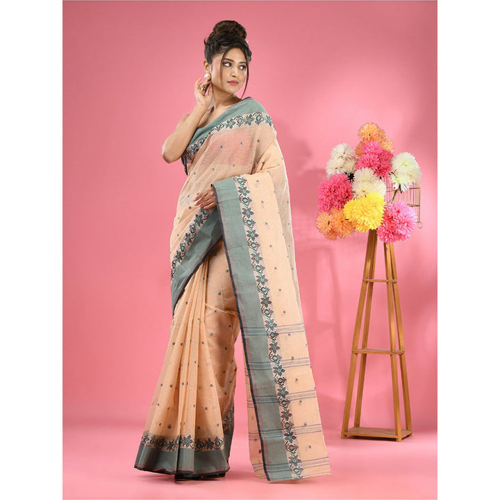 CHARUKRITI Cream Pure Cotton Tant Woven Design Saree without Blouse