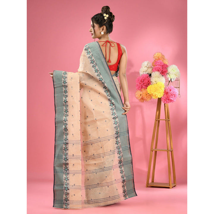 CHARUKRITI Cream Pure Cotton Tant Woven Design Saree without Blouse