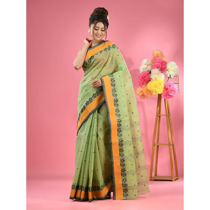 CHARUKRITI Pear Green Pure Cotton Tant Woven Design Saree without Blouse