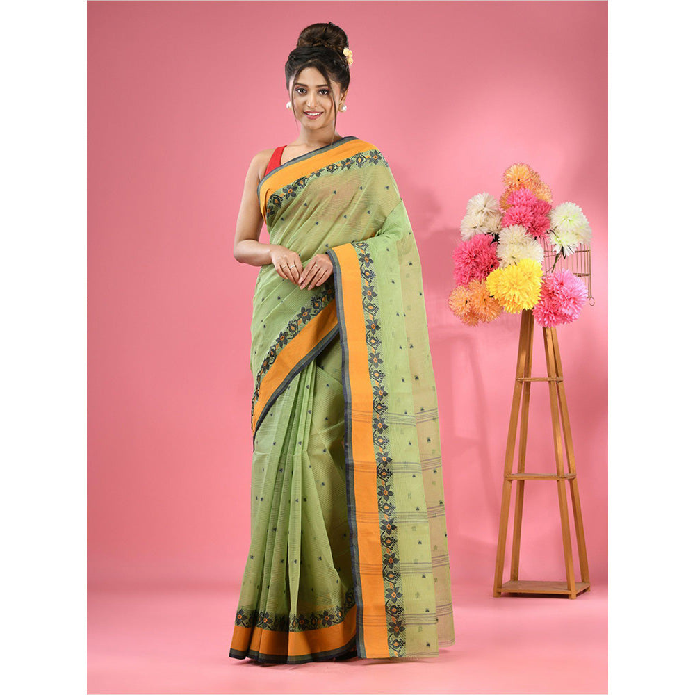 CHARUKRITI Pear Green Pure Cotton Tant Woven Design Saree without Blouse