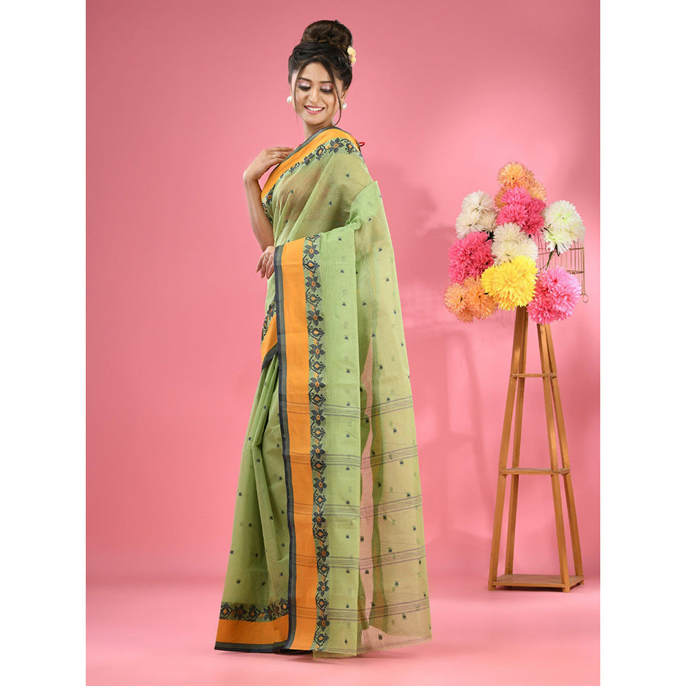 CHARUKRITI Pear Green Pure Cotton Tant Woven Design Saree without Blouse