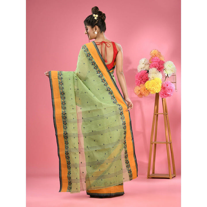 CHARUKRITI Pear Green Pure Cotton Tant Woven Design Saree without Blouse