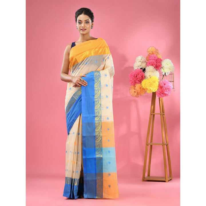 CHARUKRITI Off White Pure Cotton Tant Woven Design Saree without Blouse